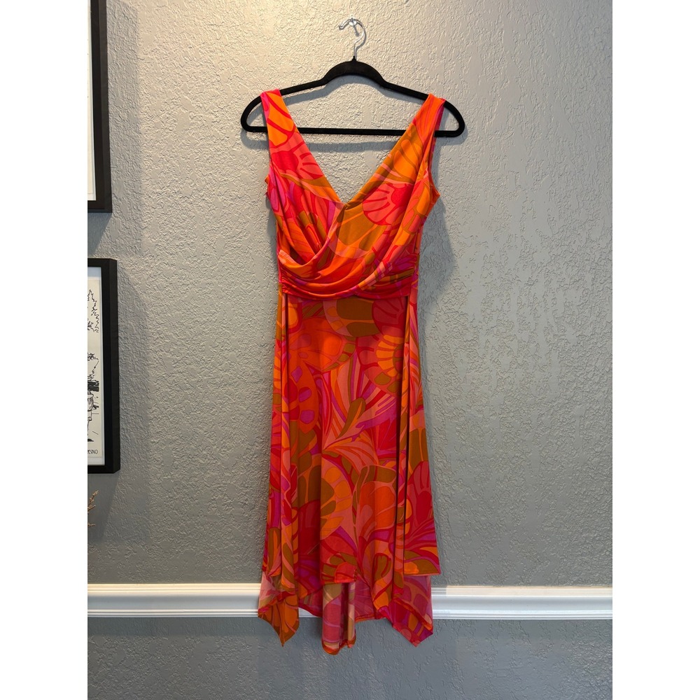 Maggy London Dress Size 6 Sleeveless V-Neck Floral Print Orange Pink Party